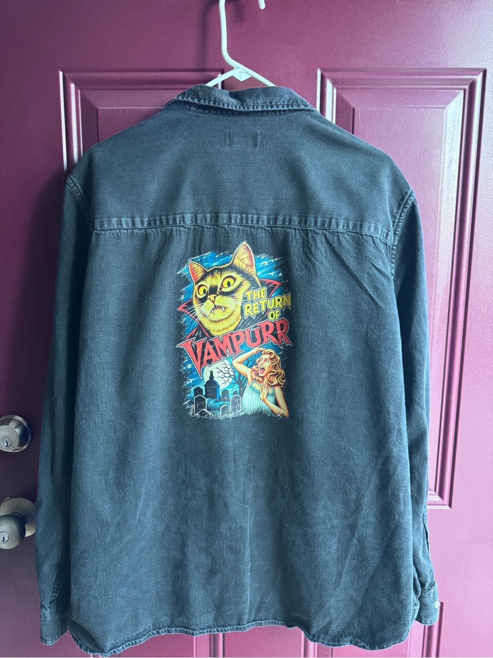 H&M Black Lightweight Button-Up Jacket with Multicolor Vampurr Back Graphic